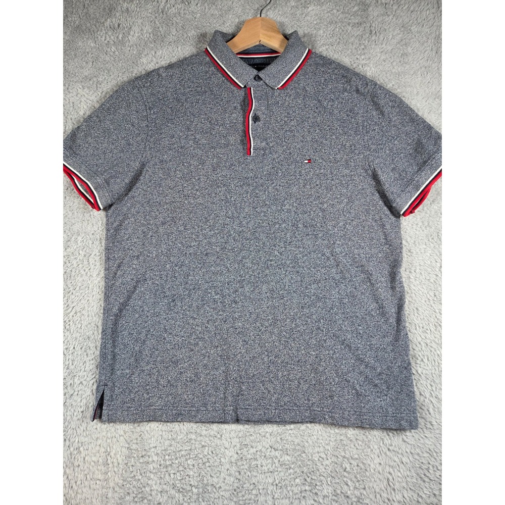 Tommy Hilfiger Polo Shirt Large Navy Blue Mens Marl Striped Trim Short Sleeve